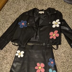 Stylish Kids Black Leather Jacket Set with Floral Design